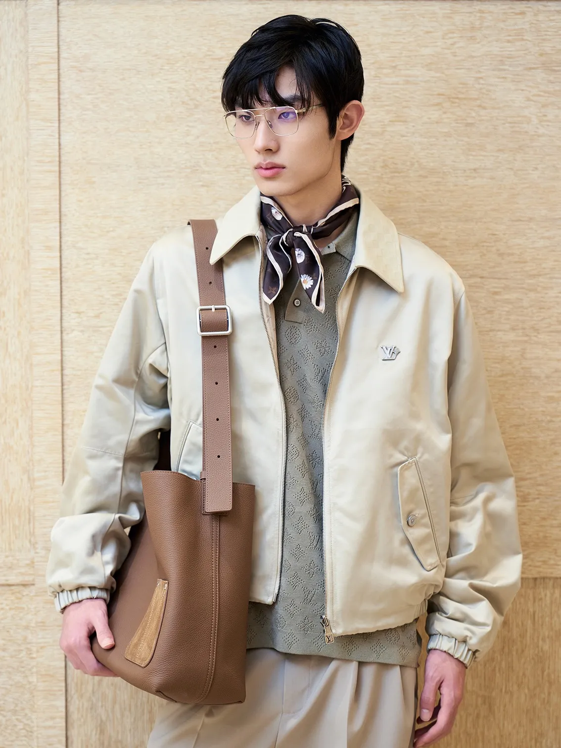 Louis Vuitton/Louis Vuitton checkerboard leather collar double-sided belted jacket